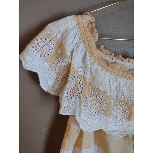 American Eagle XS Off The Shoulder Eyelet Striped Ruffle Relaxed Blouse Crop Top - Picture 2 of 7